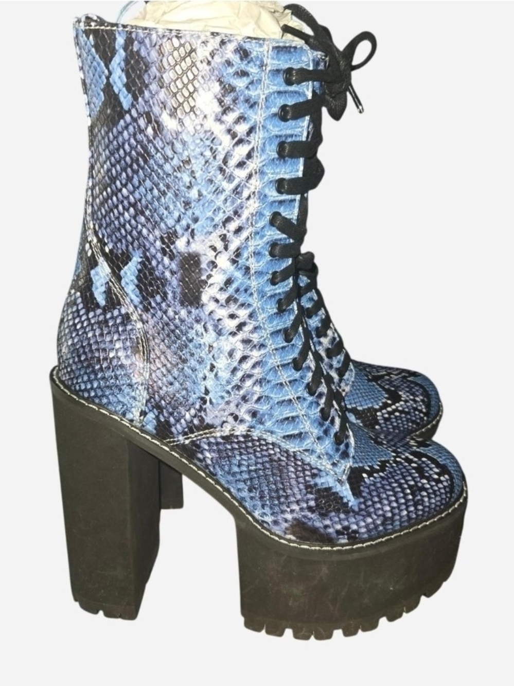 RARE POSTERGIRL Blue Snake-Print Platform Lace-Up Boots